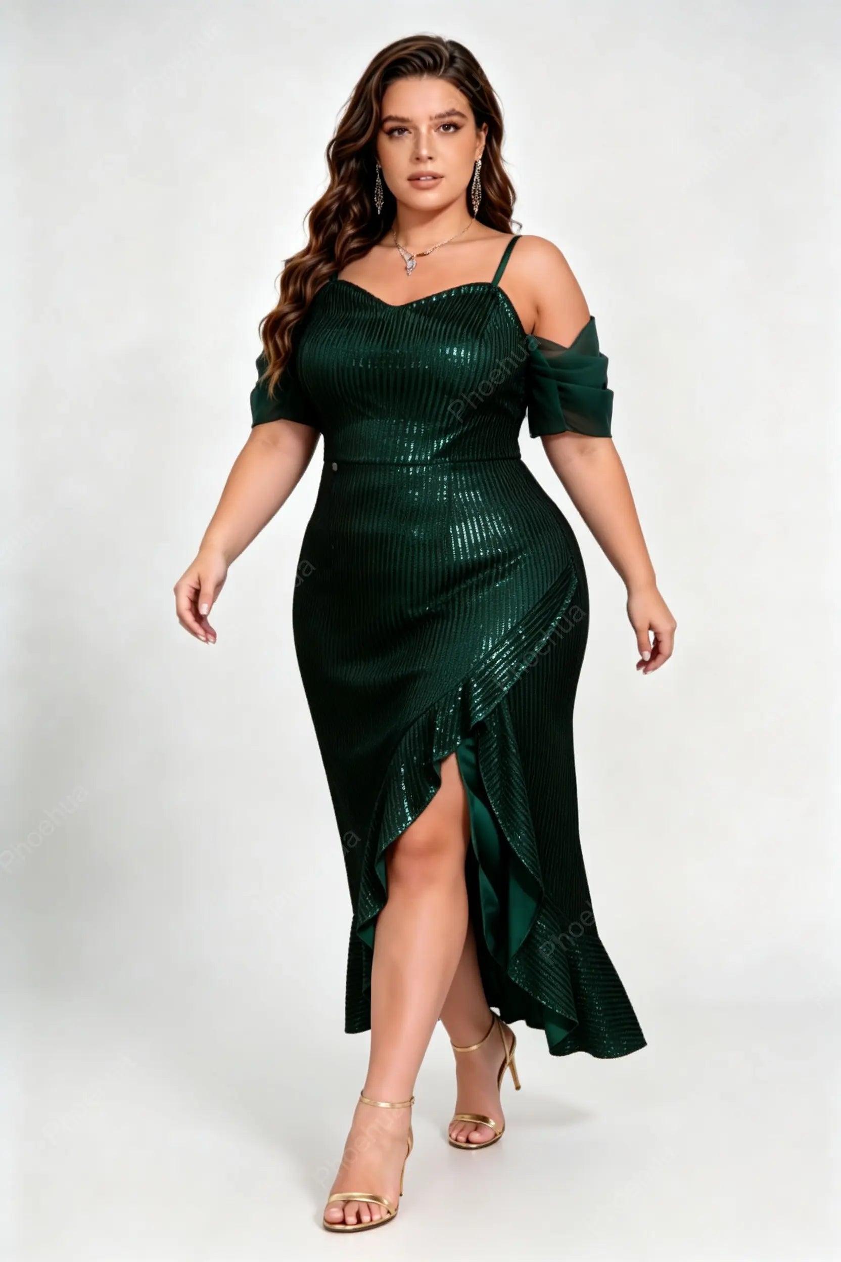 Plus Size Sweetheart Spaghetti Strap Off Shoulder Chiffon Ruffle Short Sleeve Vertical Sequin Slit Midi Mermaid Evening Dress