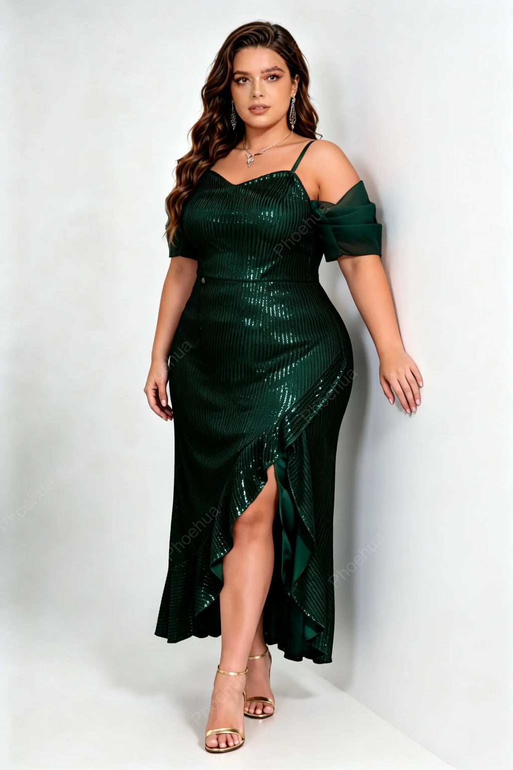 Plus Size Sweetheart Spaghetti Strap Off Shoulder Chiffon Ruffle Short Sleeve Vertical Sequin Slit Midi Mermaid Evening Dress