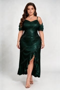 Plus Size Sweetheart Spaghetti Strap Off Shoulder Chiffon Ruffle Short Sleeve Vertical Sequin Slit Midi Mermaid Evening Dress