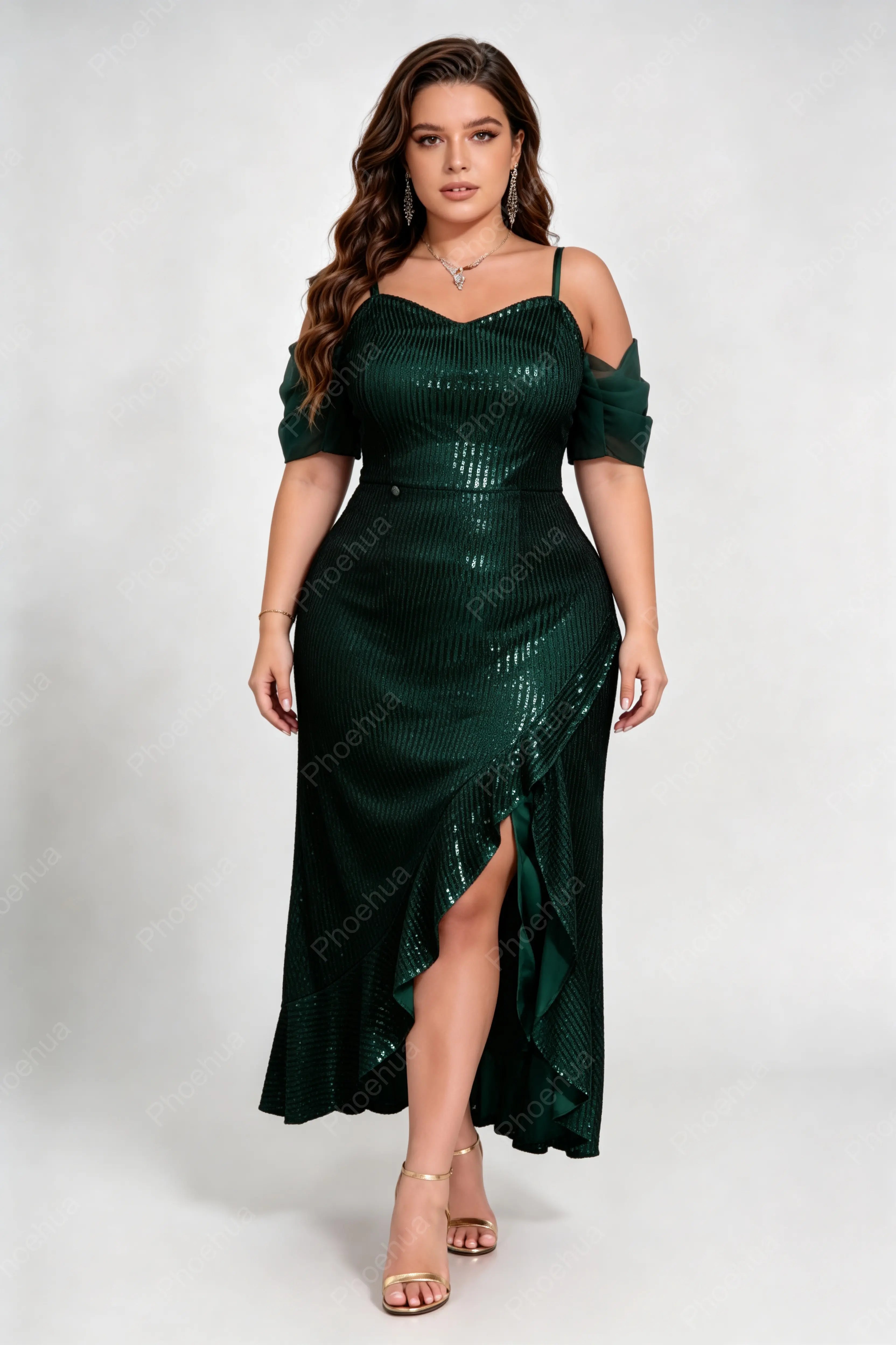 Plus Size Sweetheart Spaghetti Strap Off Shoulder Chiffon Ruffle Short Sleeve Vertical Sequin Slit Midi Mermaid Evening Dress