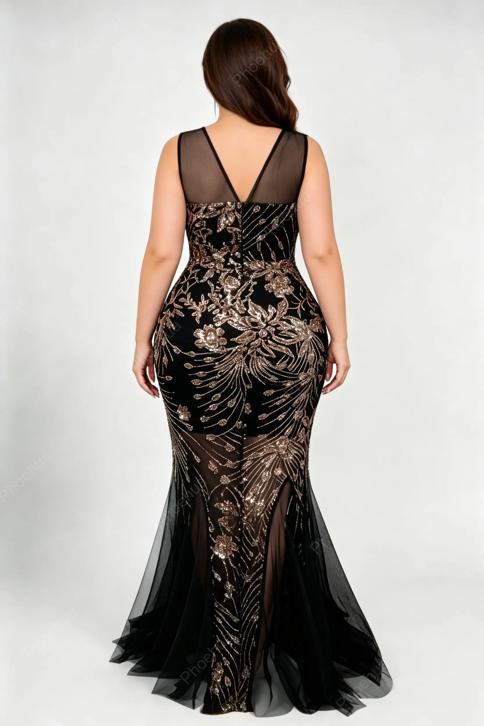 Plus Size Deep V Sleeveless Mesh Tulle Floral Sequins Mermaid Maxi Evening Dress High Slit Formal Wedding Guest Gown