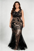 Plus Size Deep V Sleeveless Mesh Tulle Floral Sequins Mermaid Maxi Evening Dress High Slit Formal Wedding Guest Gown