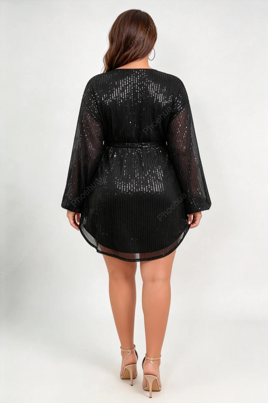 Plus Size Round Neck Long Balloon Sleeve Vertical Sequin Tie Waist Mini A Line Party Short Dress