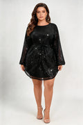 Plus Size Round Neck Long Balloon Sleeve Vertical Sequin Tie Waist Mini A Line Party Short Dress
