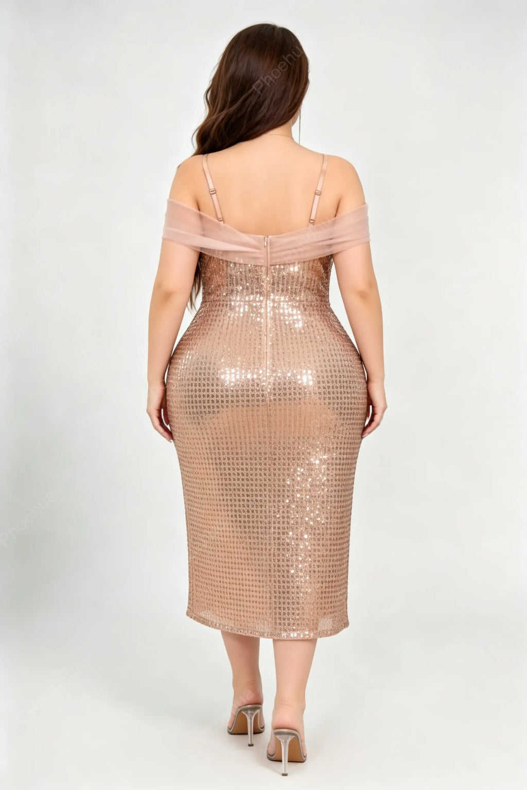 Plus Size Off Shoulder Satin Ruffle Spaghetti Strap Grid Sequin Slit Midi Bodycon Evening Dress