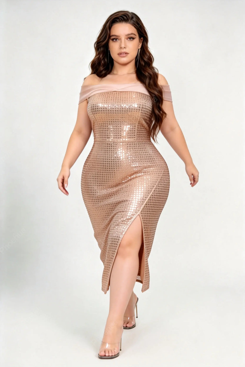 Plus Size Off Shoulder Satin Ruffle Spaghetti Strap Grid Sequin Slit Midi Bodycon Evening Dress