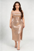 Plus Size Off Shoulder Satin Ruffle Spaghetti Strap Grid Sequin Slit Midi Bodycon Evening Dress