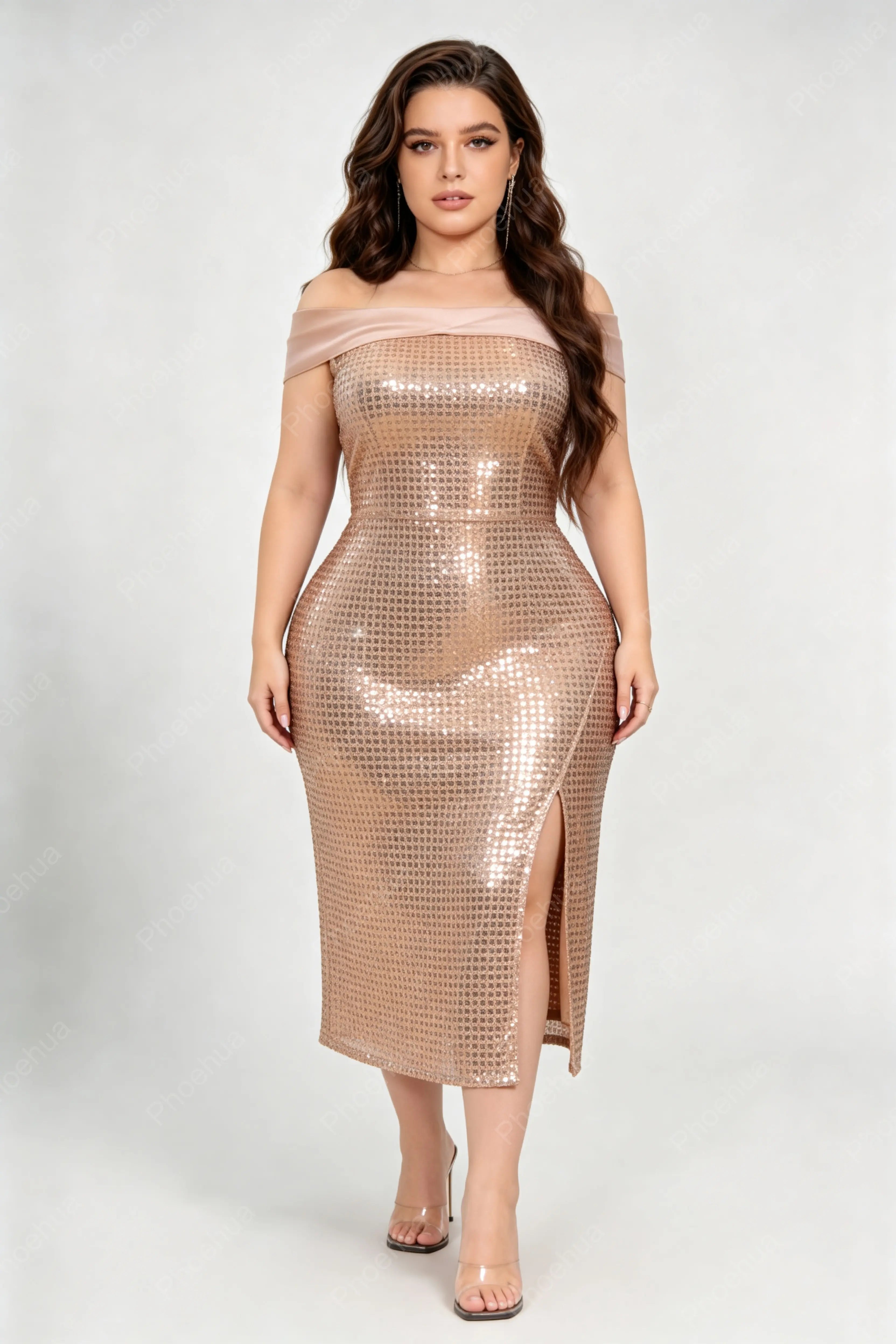Plus Size Off Shoulder Satin Ruffle Spaghetti Strap Grid Sequin Slit Midi Bodycon Evening Dress