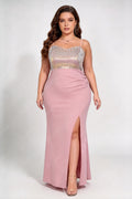 Plus Size Spaghetti Strap Wave Gold Sequins Top Ruched High Slit Mermaid Maxi Evening Dress