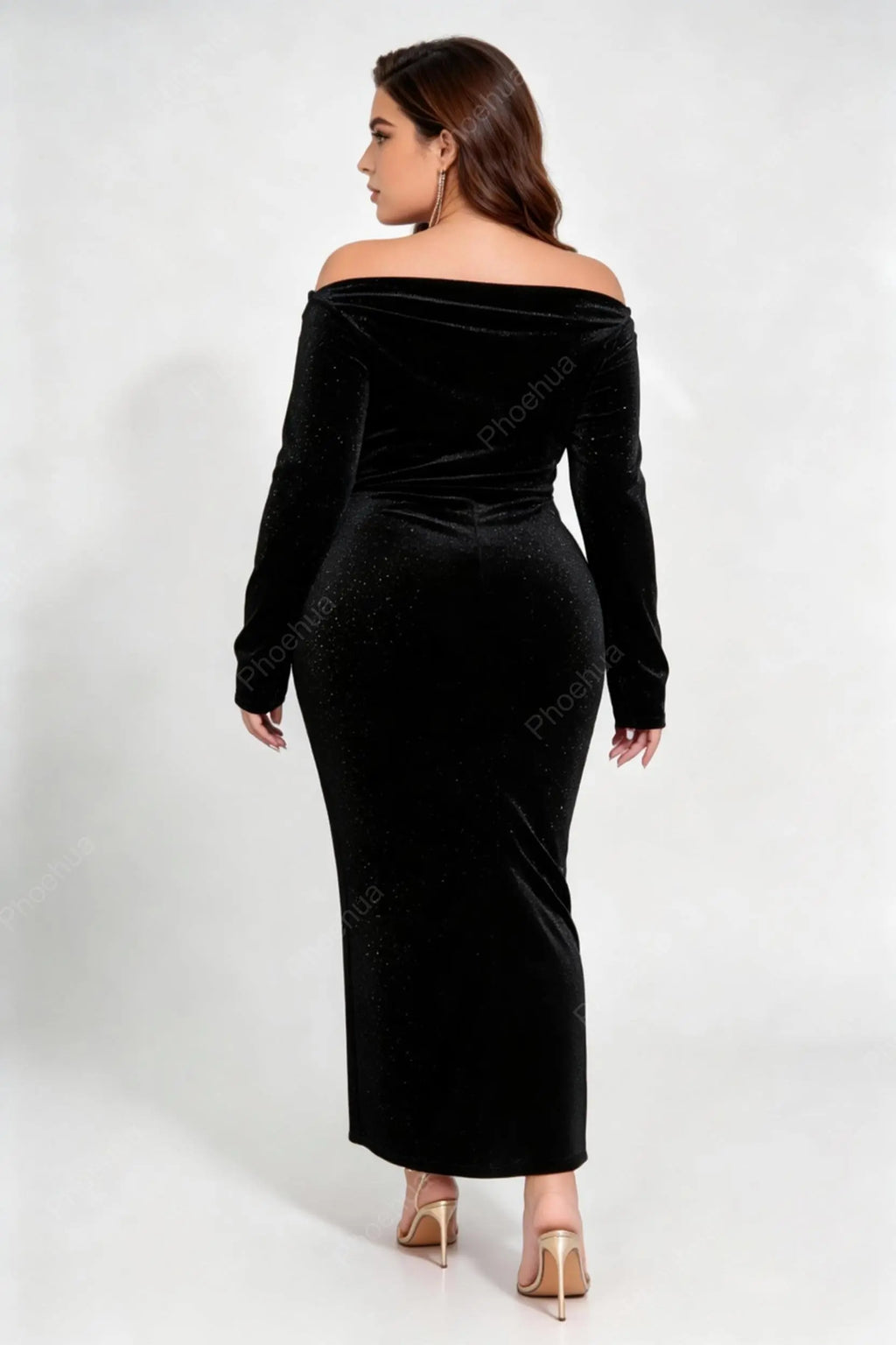 Plus Size Off Shoulder Long Sleeve Glitter Velvet Drawstring Ruched High Slit Midi Bodycon Evening Dress