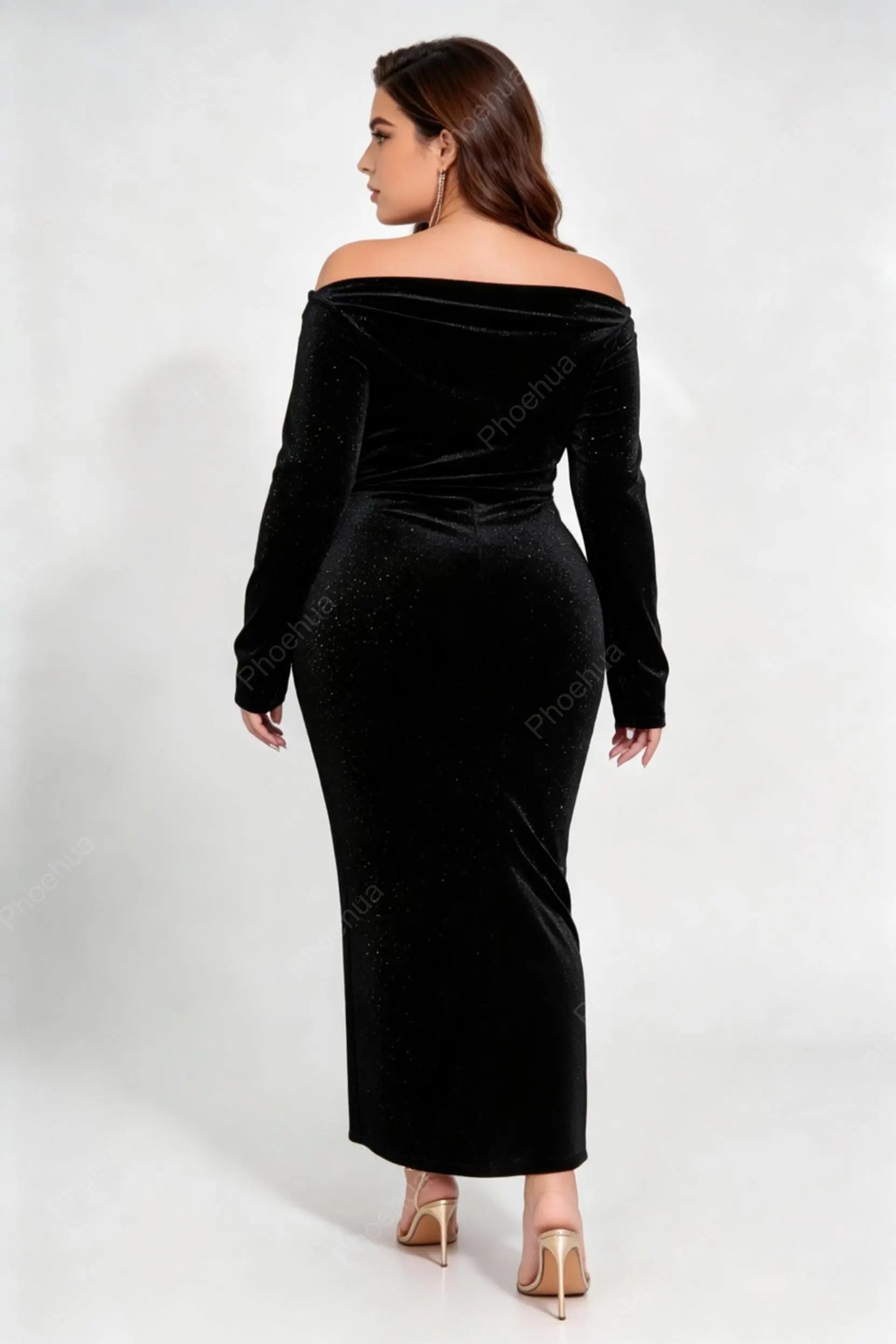 Plus Size Off Shoulder Long Sleeve Glitter Velvet Drawstring Ruched High Slit Midi Bodycon Evening Dress