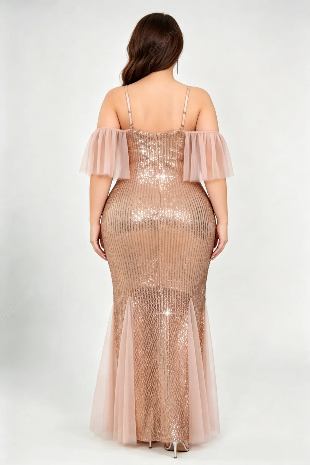 Plus Size V Neck Spaghetti Strap Off Shoulder Tulle Ruffle Short Sleeve Vertical Sequin Slit Mermaid Maxi Evening Dress