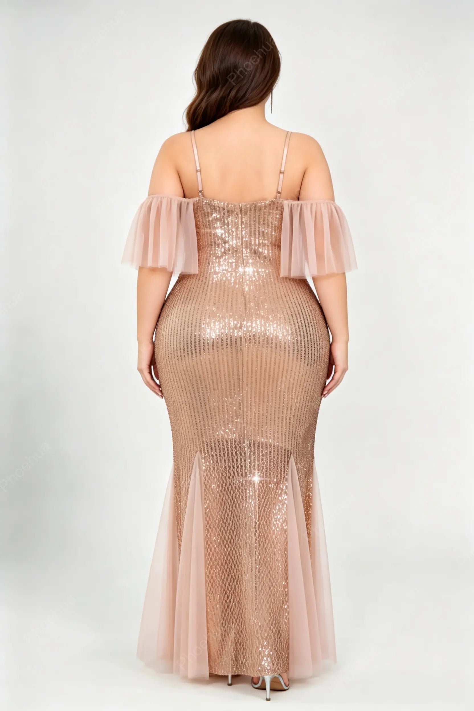 Plus Size V Neck Spaghetti Strap Off Shoulder Tulle Ruffle Short Sleeve Vertical Sequin Slit Mermaid Maxi Evening Dress
