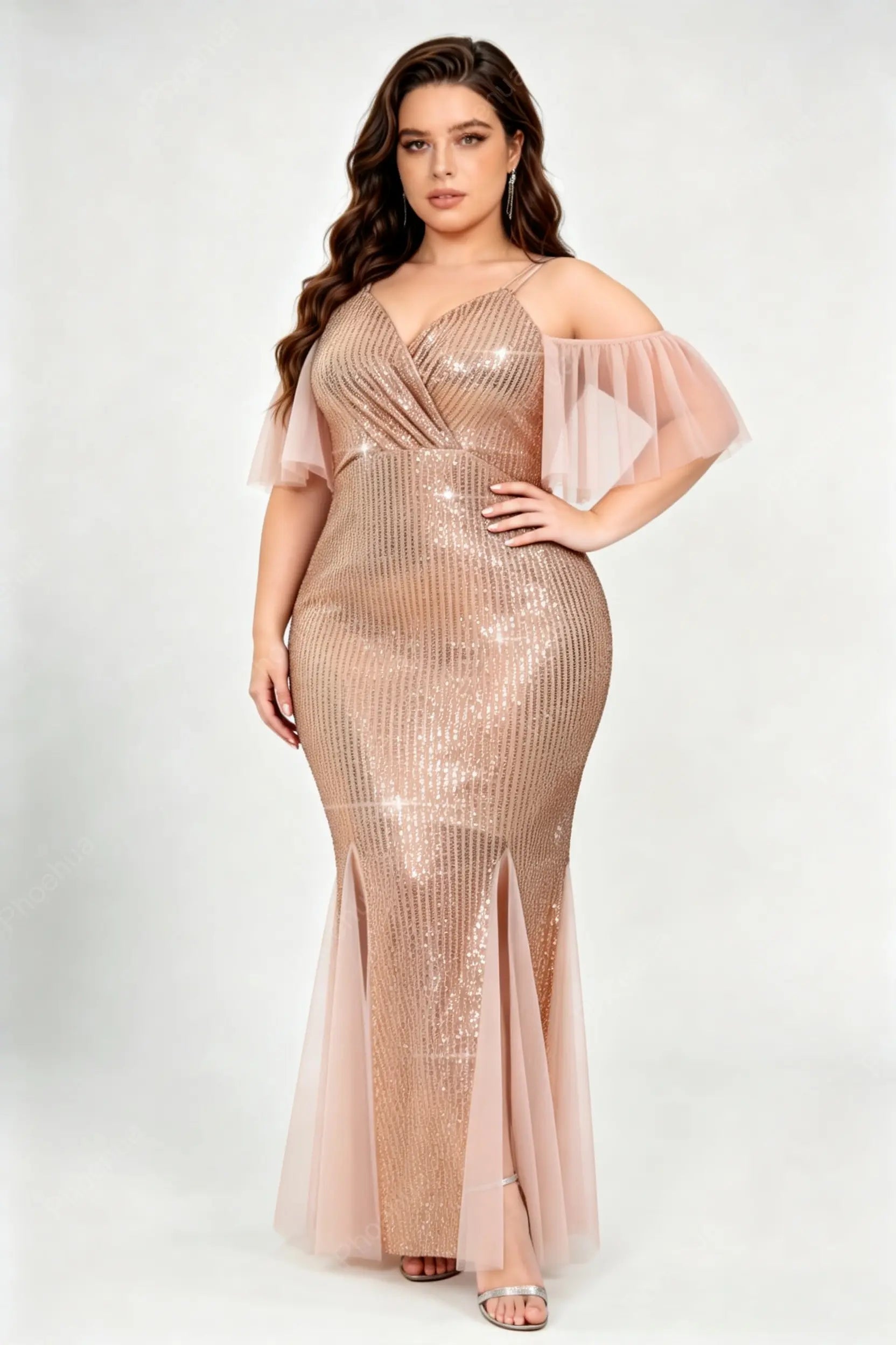 Plus Size V Neck Spaghetti Strap Off Shoulder Tulle Ruffle Short Sleeve Vertical Sequin Slit Mermaid Maxi Evening Dress