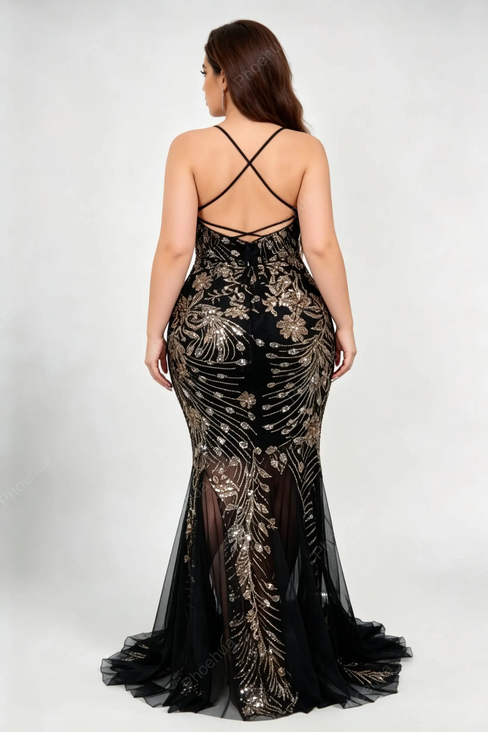 Plus Size V Neck Criss Cross Back Spaghetti Strap Floral Peacock Sequins Tulle Mermaid Train Maxi Evening Dress