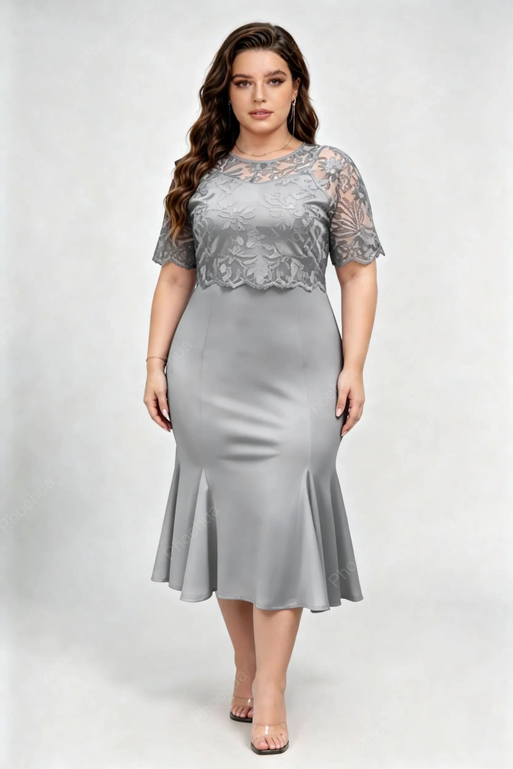 Plus Size Round Neck Floral Lace Spliced Short Sleeve High Waist Satin Mermaid Midi Cocktail Dress
