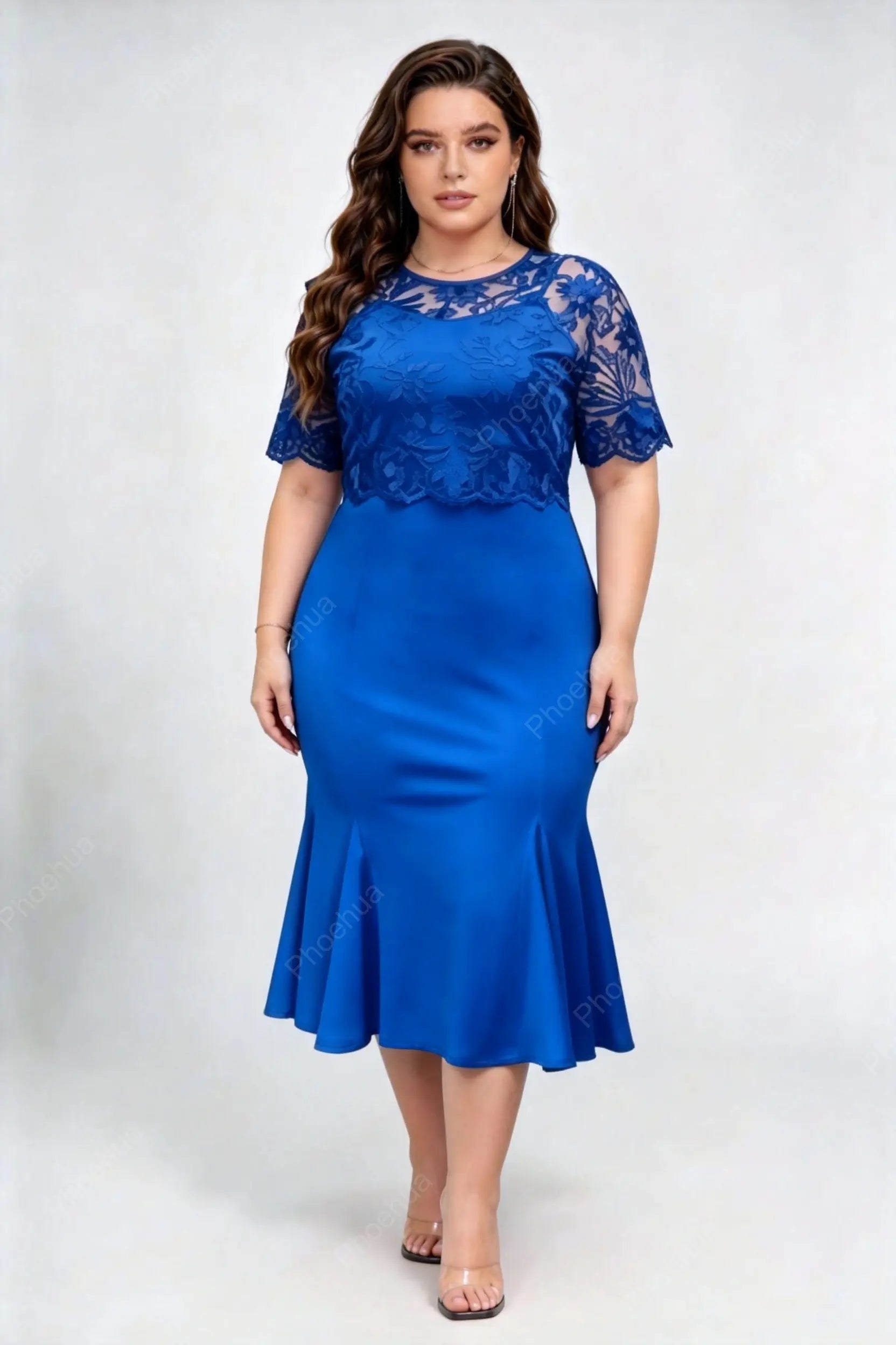 Plus Size Round Neck Floral Lace Spliced Short Sleeve High Waist Satin Mermaid Midi Cocktail Dress