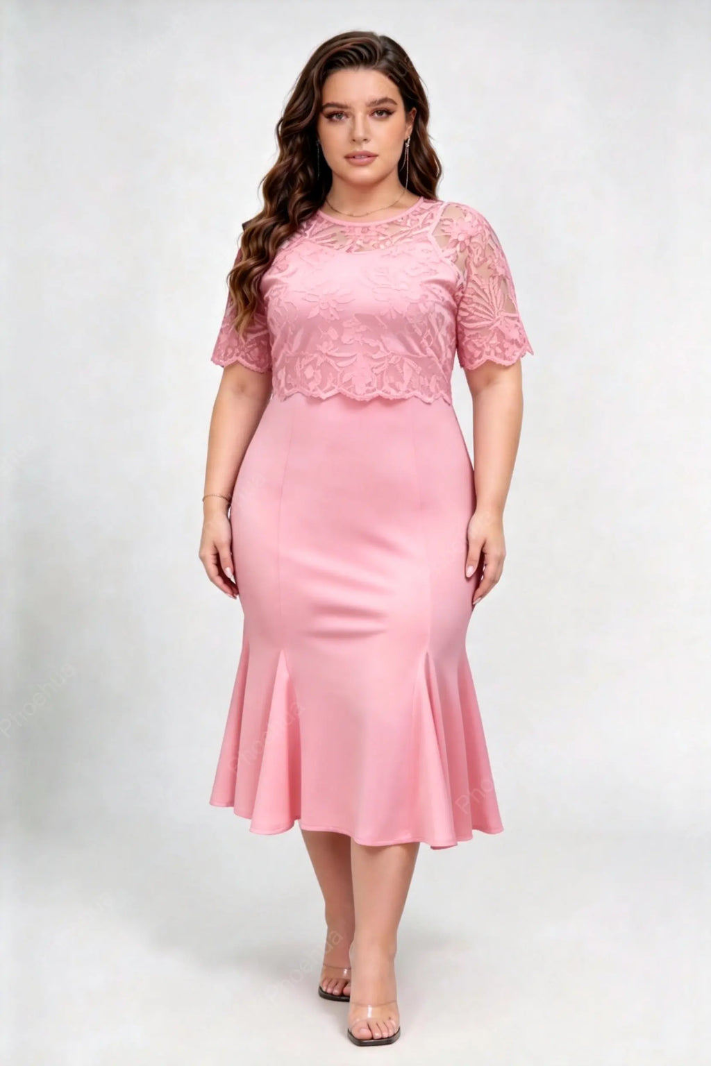 Plus Size Round Neck Floral Lace Spliced Short Sleeve High Waist Satin Mermaid Midi Cocktail Dress