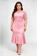 Plus Size Round Neck Floral Lace Spliced Short Sleeve High Waist Satin Mermaid Midi Cocktail Dress