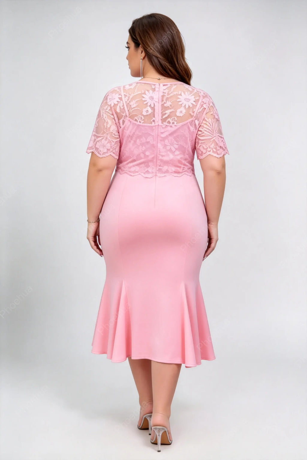 Plus Size Round Neck Floral Lace Spliced Short Sleeve High Waist Satin Mermaid Midi Cocktail Dress