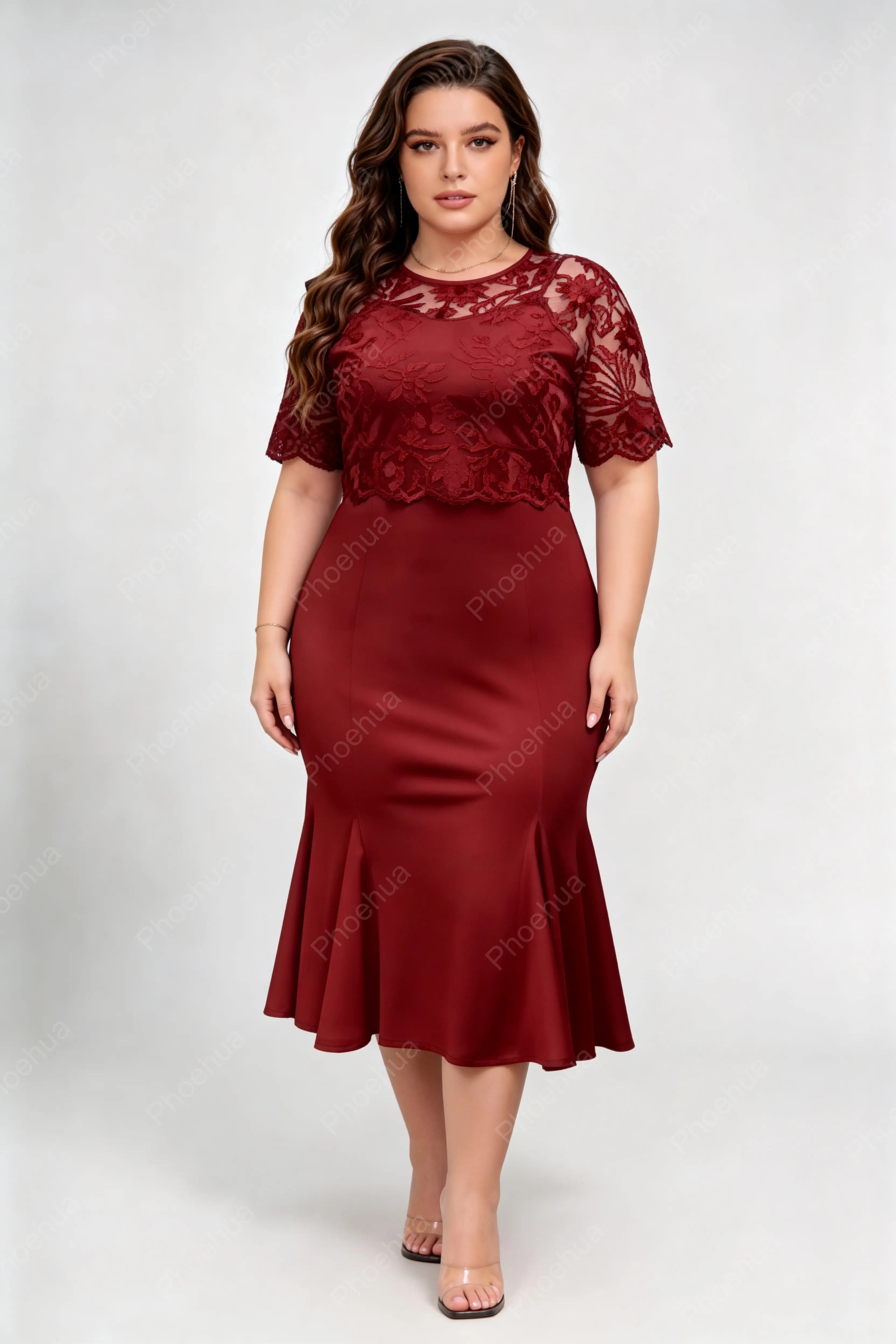 Plus Size Round Neck Floral Lace Spliced Short Sleeve High Waist Satin Mermaid Midi Cocktail Dress