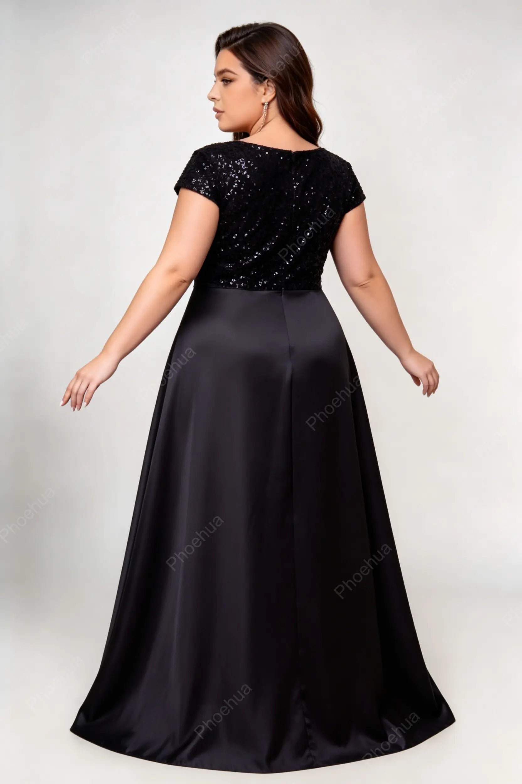 Plus Size Deep V Cap Short Sleeve Sequins Bodice Satin A Line Maxi Formal Evening Gown