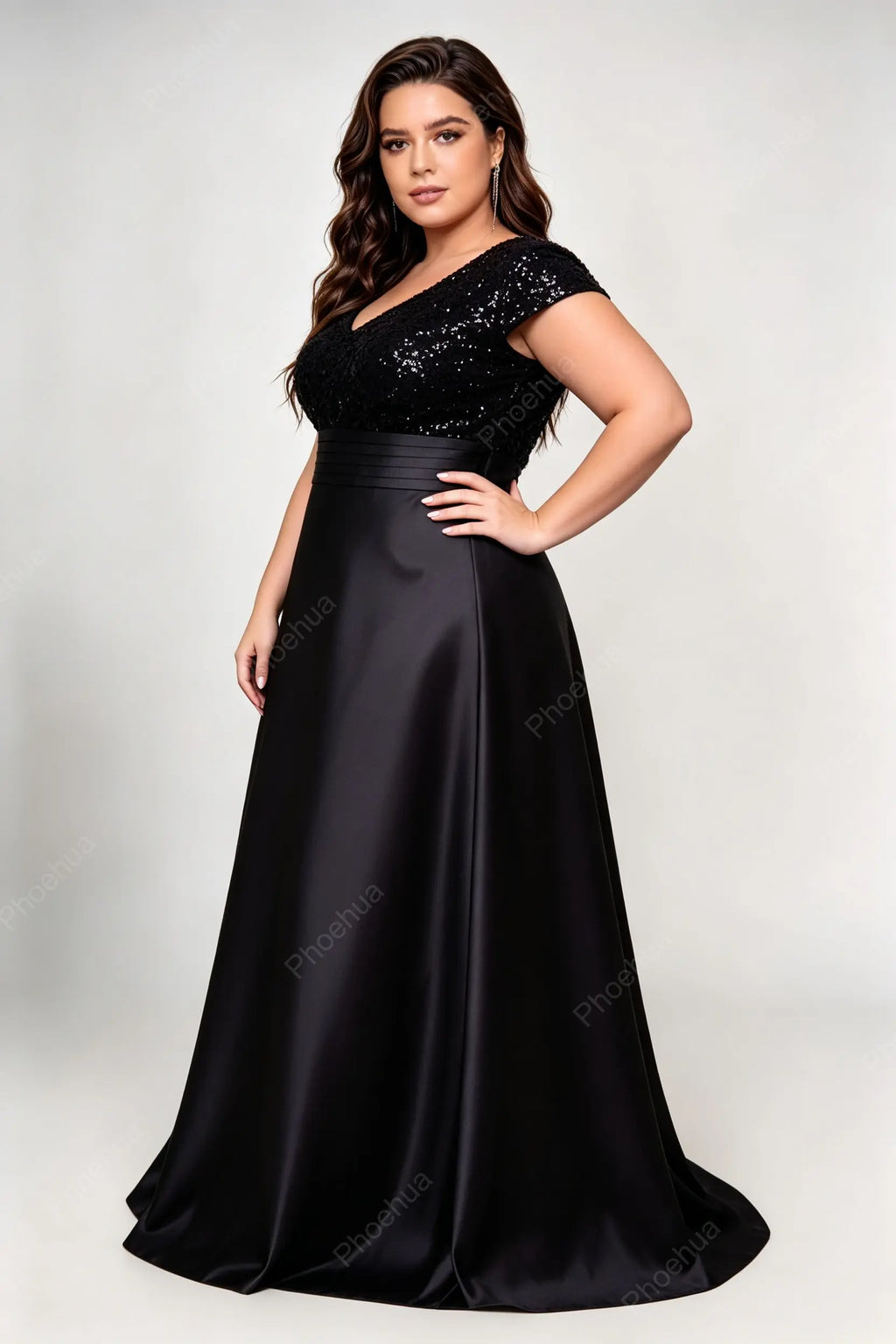 Plus Size Deep V Cap Short Sleeve Sequins Bodice Satin A Line Maxi Formal Evening Gown