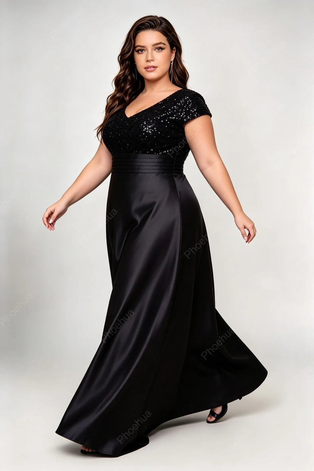 Plus Size Deep V Cap Short Sleeve Sequins Bodice Satin A Line Maxi Formal Evening Gown