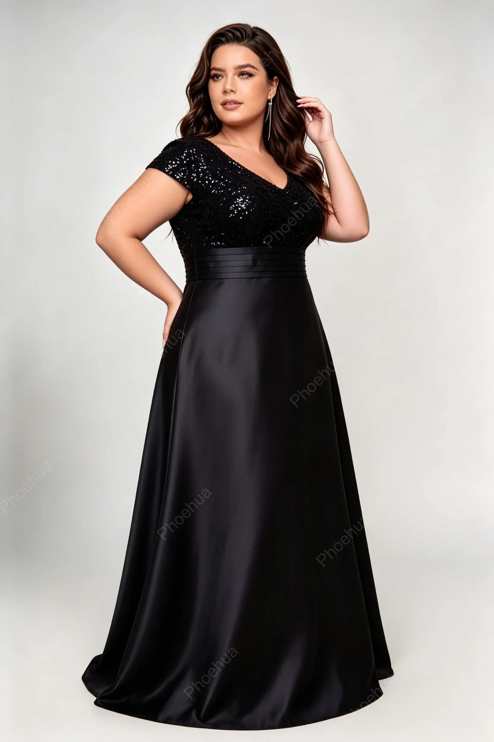 Plus Size Deep V Cap Short Sleeve Sequins Bodice Satin A Line Maxi Formal Evening Gown