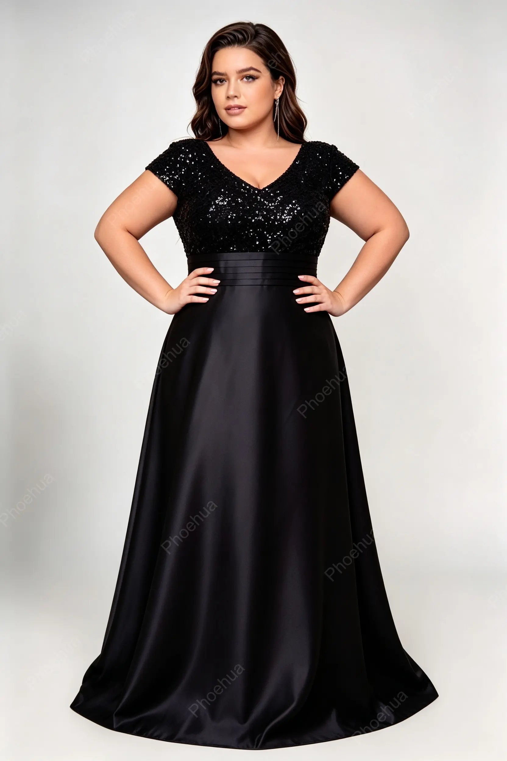Plus Size Deep V Cap Short Sleeve Sequins Bodice Satin A Line Maxi Formal Evening Gown