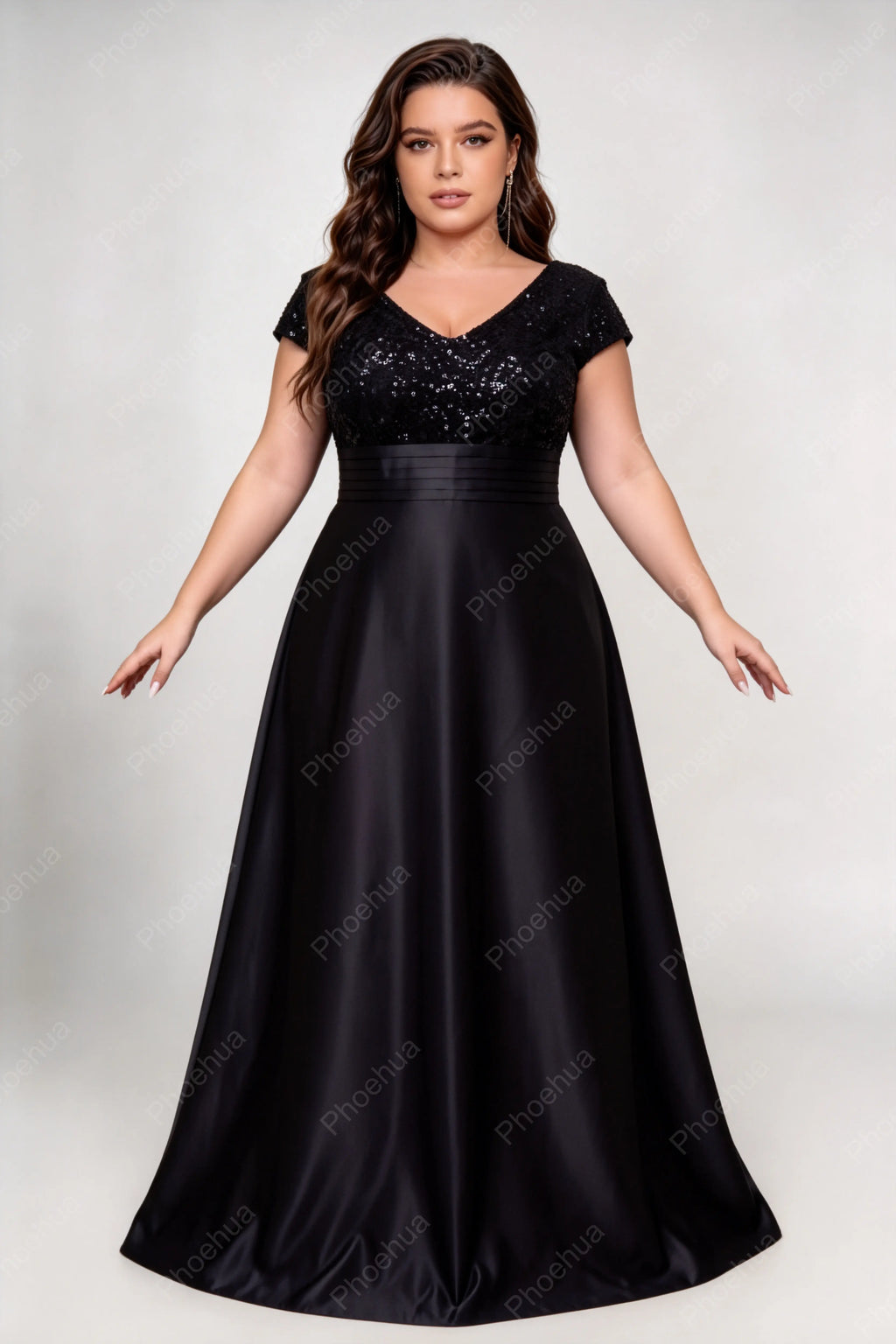 Plus Size Deep V Cap Short Sleeve Sequins Bodice Satin A Line Maxi Formal Evening Gown