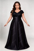 Plus Size Deep V Cap Short Sleeve Sequins Bodice Satin A Line Maxi Formal Evening Gown