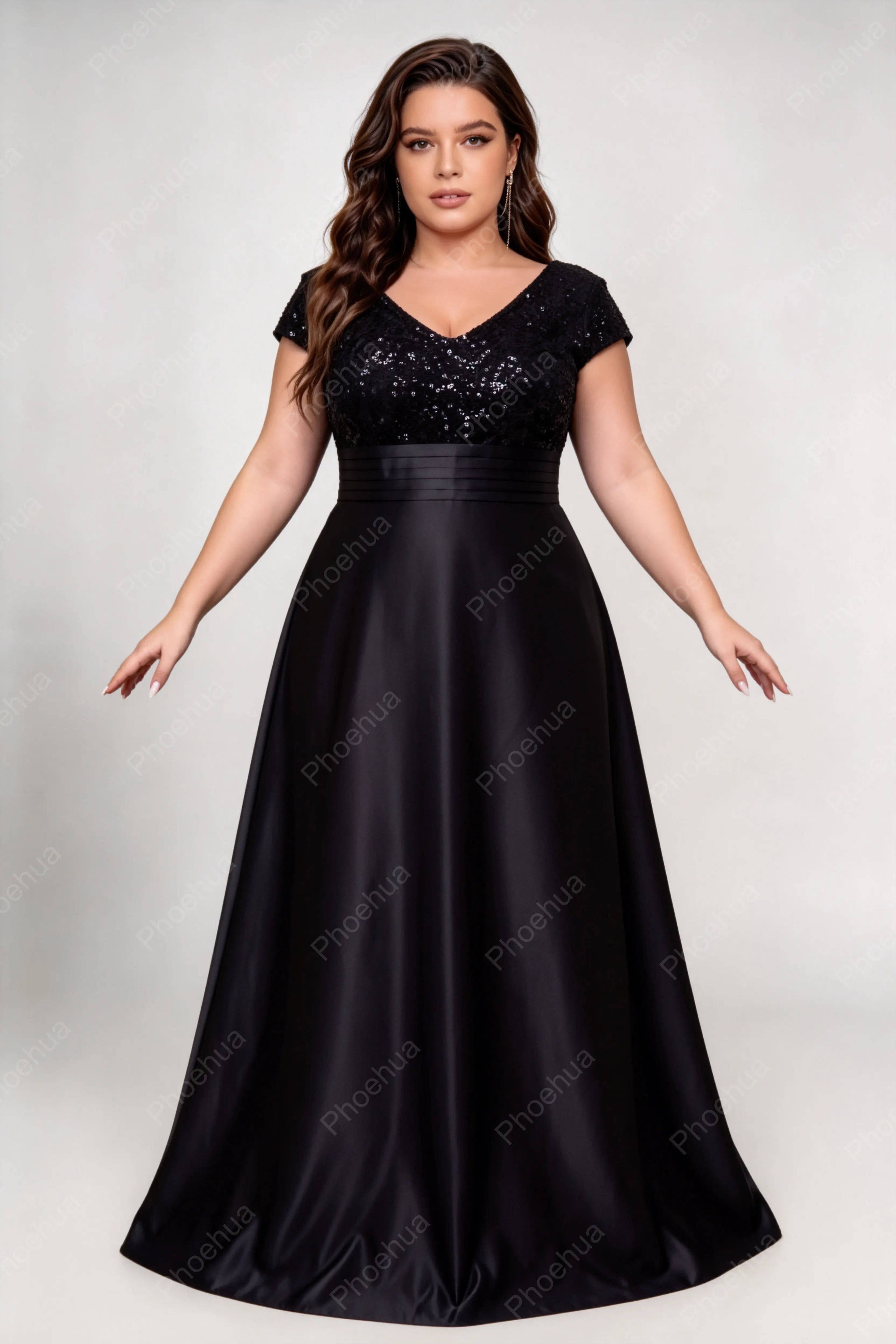 Plus Size Deep V Cap Short Sleeve Sequins Bodice Satin A Line Maxi Formal Evening Gown