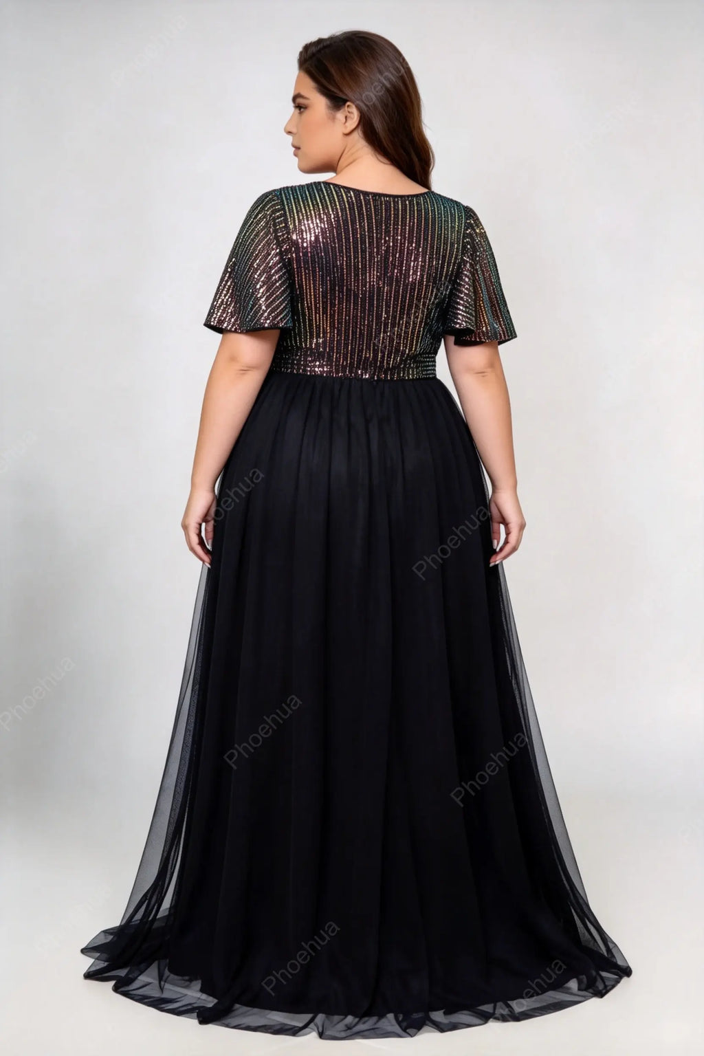 Plus Size Deep V Flutter Short Sleeve Iridescent Vertical Strip Sequin Bodice Tulle A Line Maxi Party Evening Gown