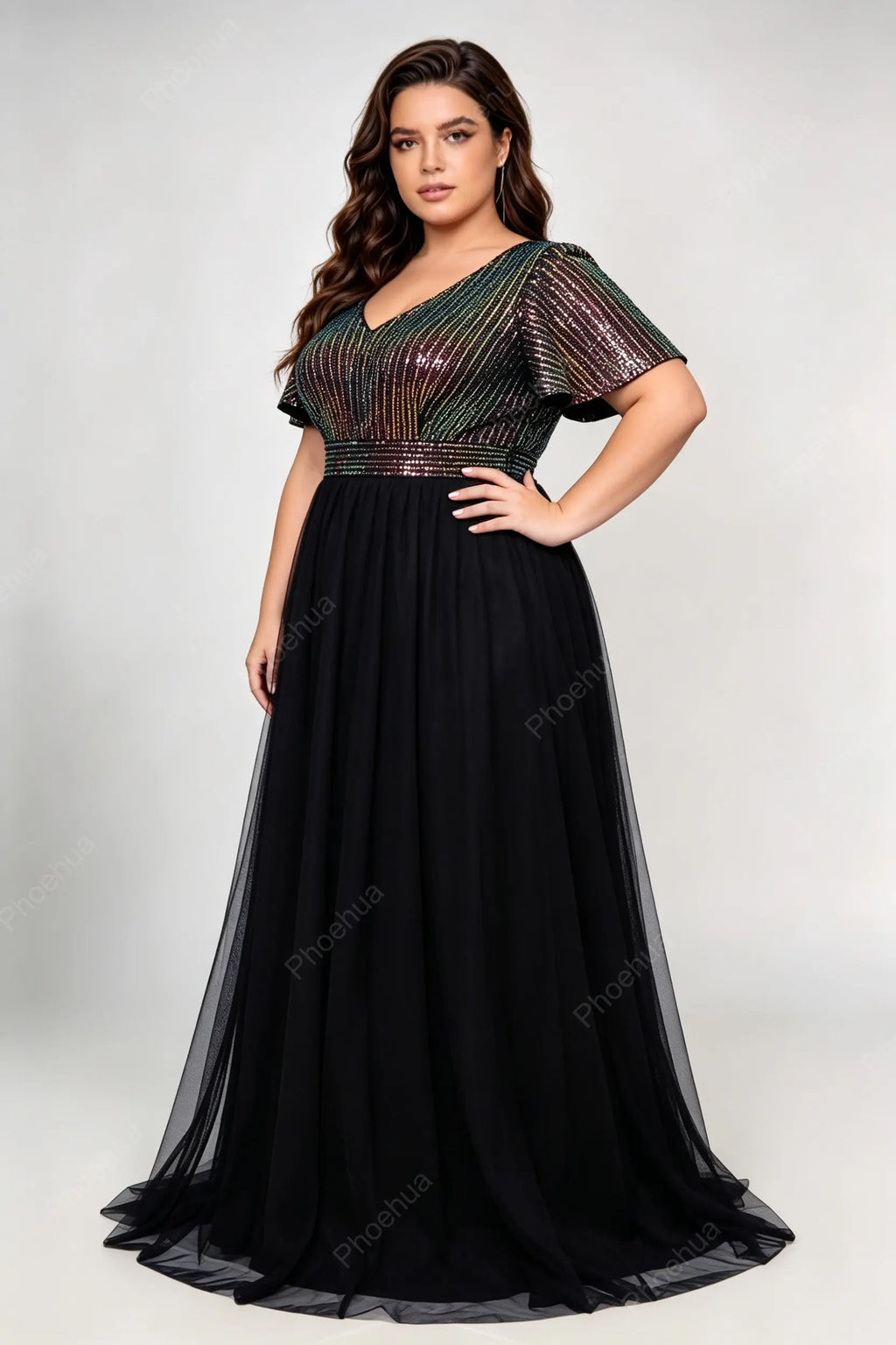 Plus Size Deep V Flutter Short Sleeve Iridescent Vertical Strip Sequin Bodice Tulle A Line Maxi Party Evening Gown
