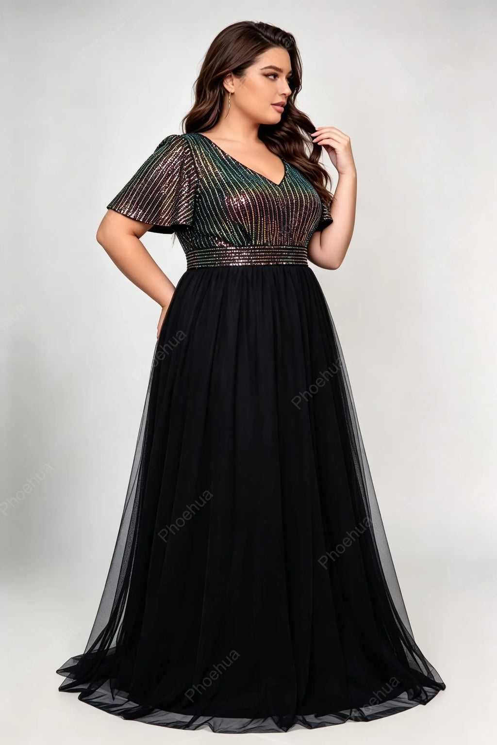 Plus Size Deep V Flutter Short Sleeve Iridescent Vertical Strip Sequin Bodice Tulle A Line Maxi Party Evening Gown