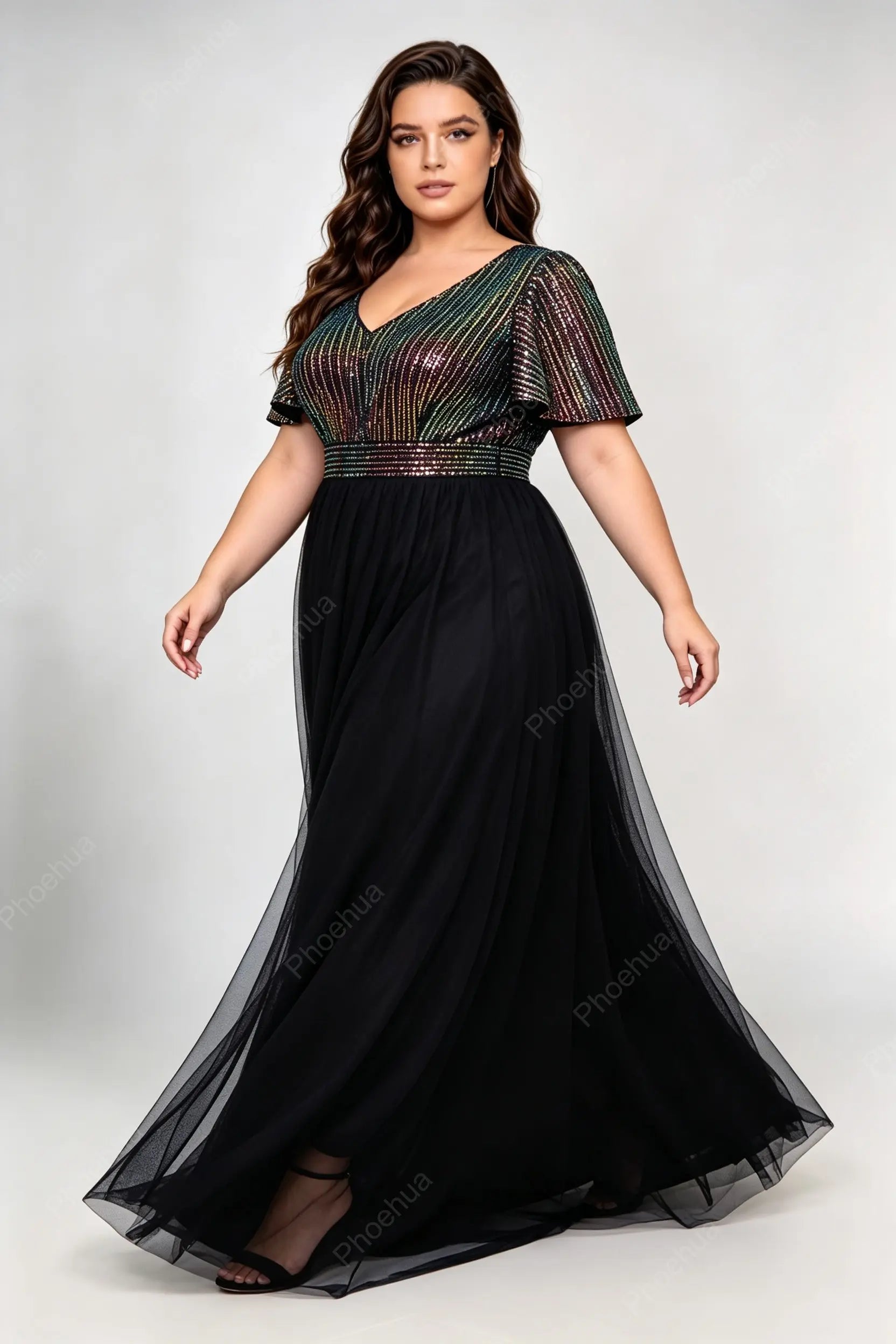 Plus Size Deep V Flutter Short Sleeve Iridescent Vertical Strip Sequin Bodice Tulle A Line Maxi Party Evening Gown