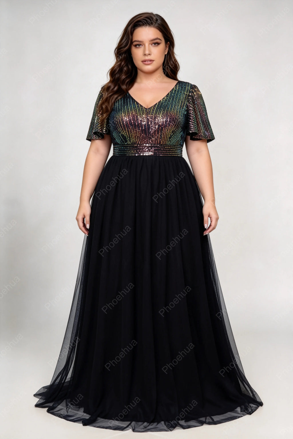 Plus Size Deep V Flutter Short Sleeve Iridescent Vertical Strip Sequin Bodice Tulle A Line Maxi Party Evening Gown