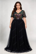 Plus Size Deep V Flutter Short Sleeve Iridescent Vertical Strip Sequin Bodice Tulle A Line Maxi Party Evening Gown