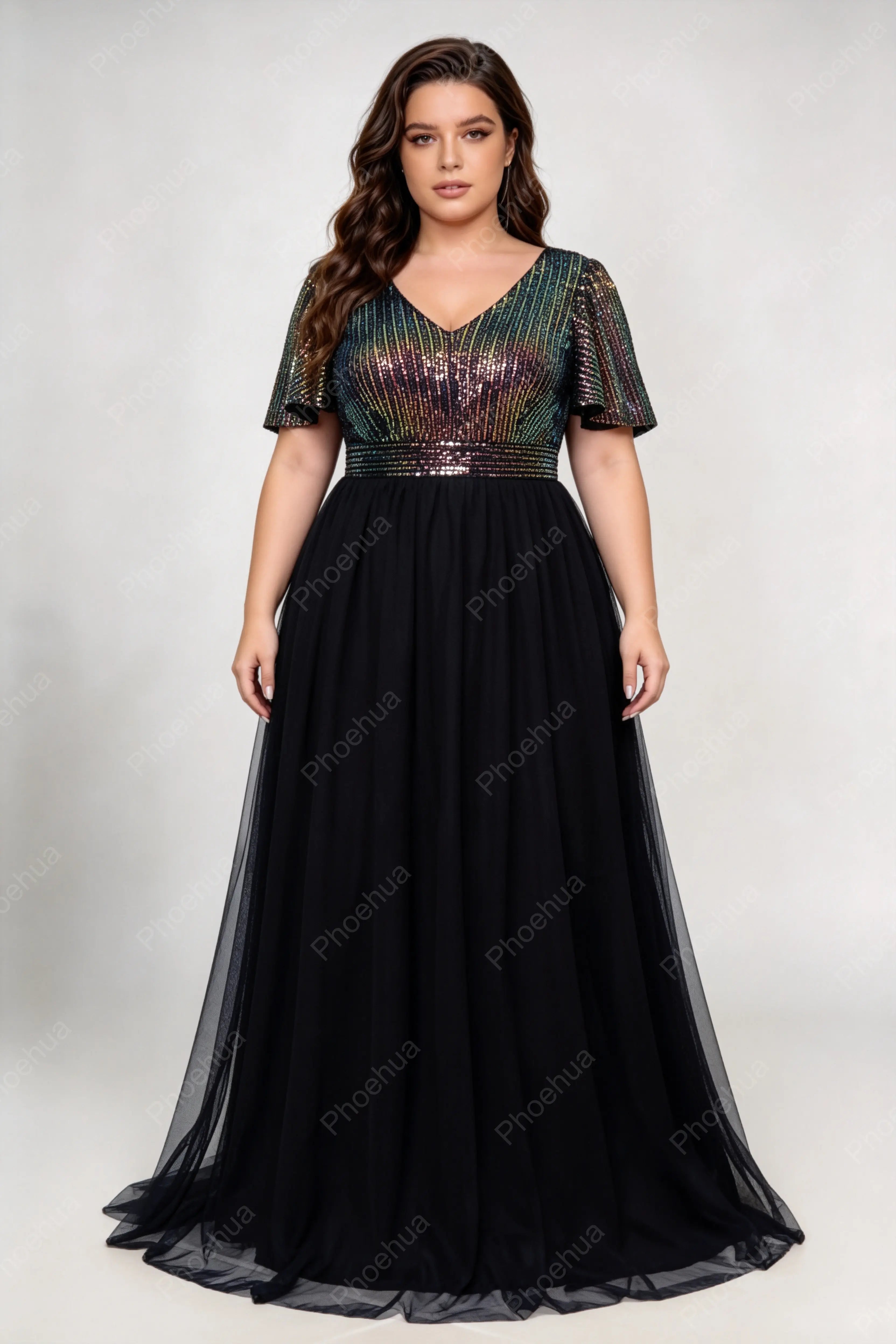 Plus Size Deep V Flutter Short Sleeve Iridescent Vertical Strip Sequin Bodice Tulle A Line Maxi Party Evening Gown