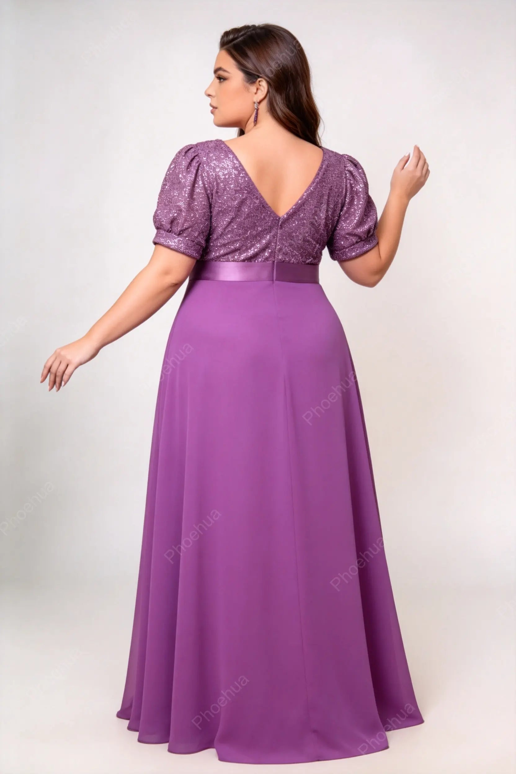 Plus Size Deep V Puff Short Sleeve Sequins Bodice Satin Waistband Chiffon A Line Maxi Bridesmaid Evening Gown
