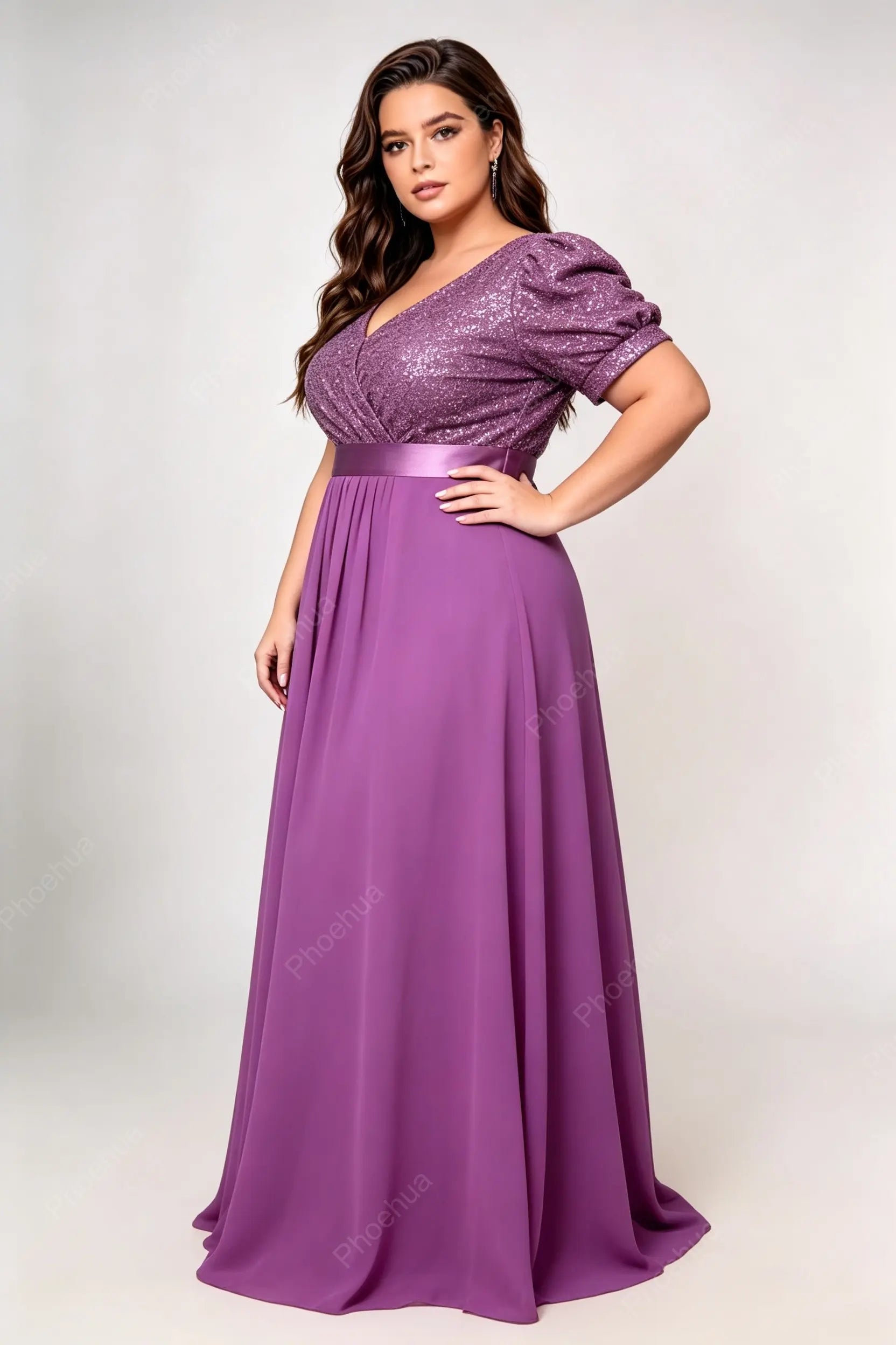 Plus Size Deep V Puff Short Sleeve Sequins Bodice Satin Waistband Chiffon A Line Maxi Bridesmaid Evening Gown