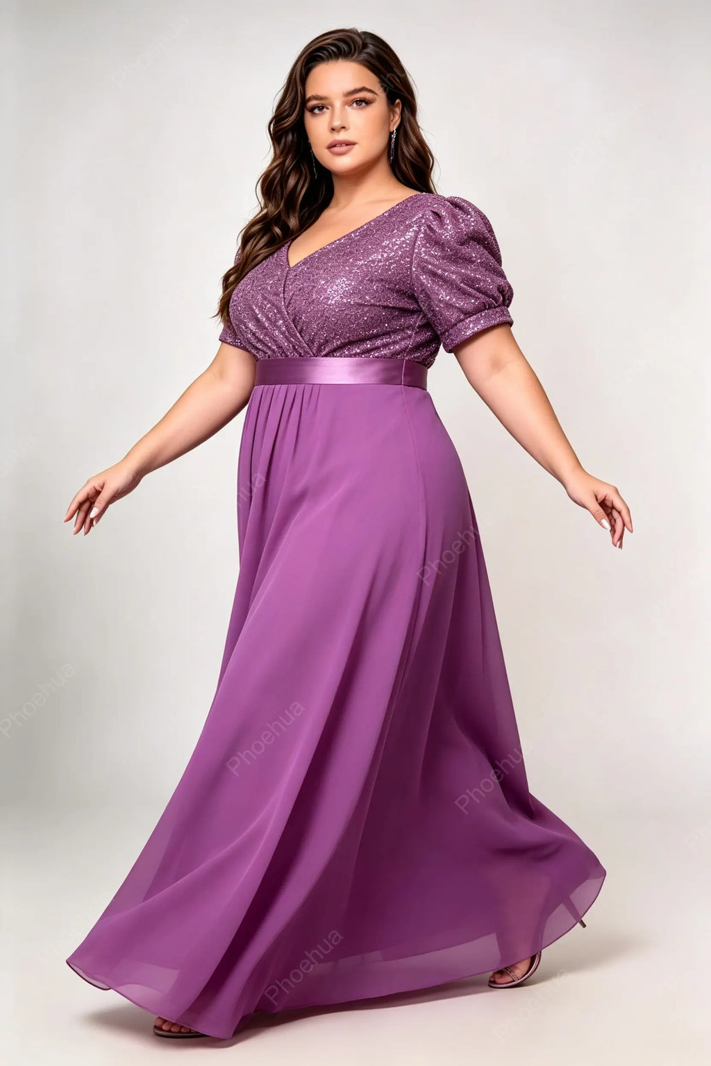 Plus Size Deep V Puff Short Sleeve Sequins Bodice Satin Waistband Chiffon A Line Maxi Bridesmaid Evening Gown