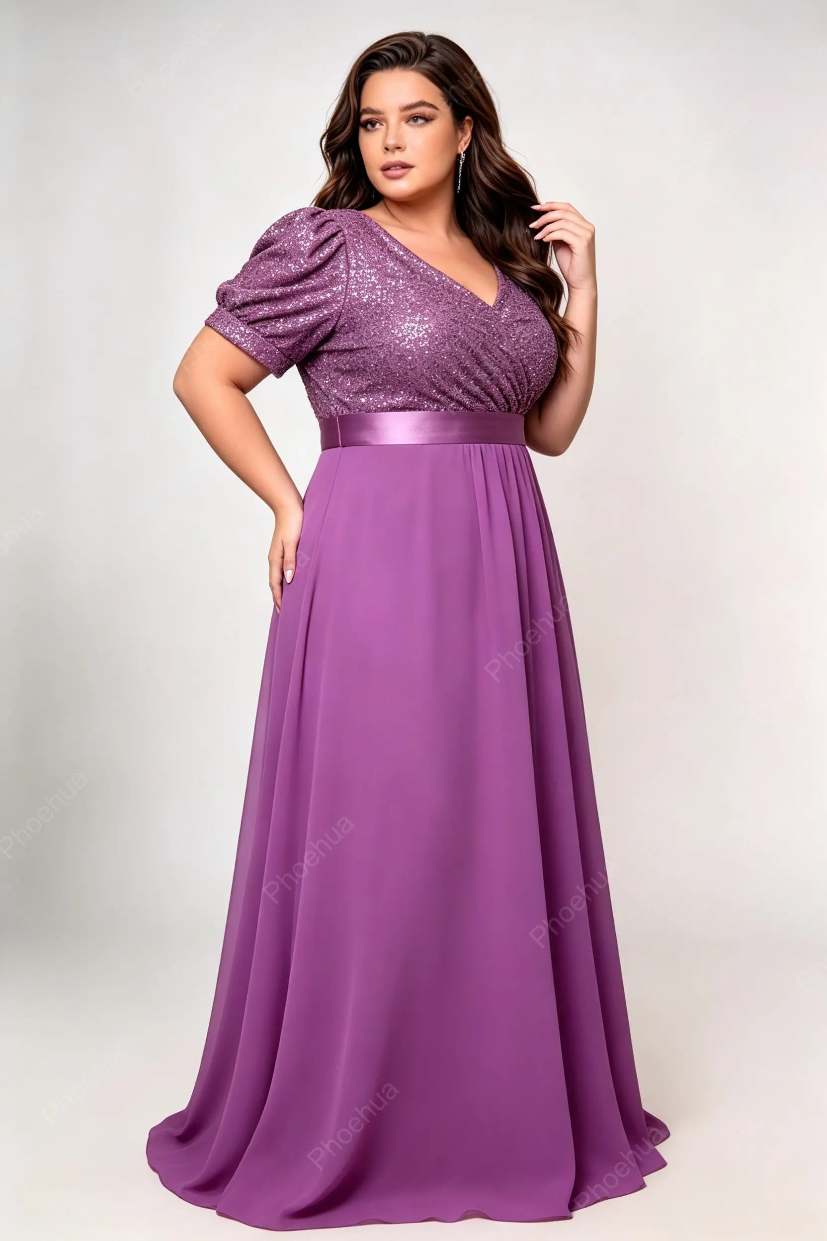 Plus Size Deep V Puff Short Sleeve Sequins Bodice Satin Waistband Chiffon A Line Maxi Bridesmaid Evening Gown