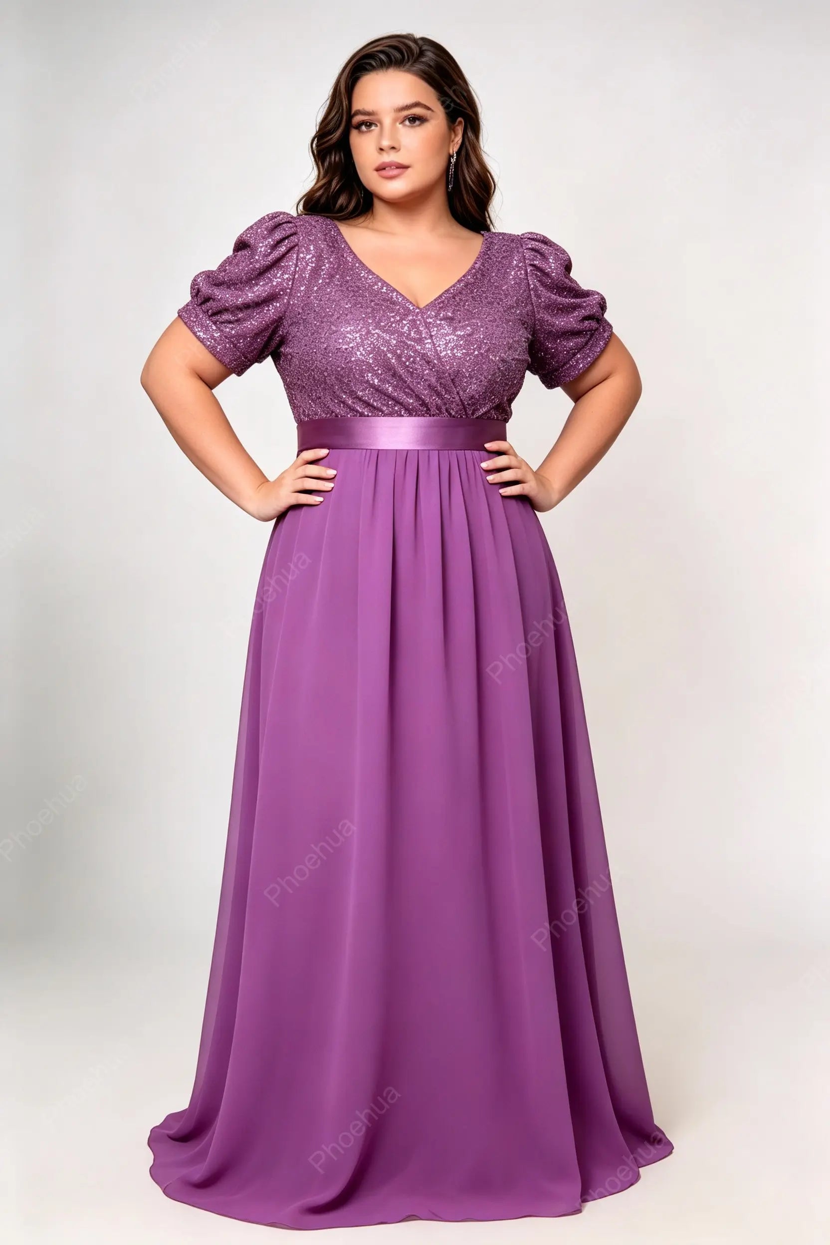 Plus Size Deep V Puff Short Sleeve Sequins Bodice Satin Waistband Chiffon A Line Maxi Bridesmaid Evening Gown