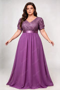 Plus Size Deep V Puff Short Sleeve Sequins Bodice Satin Waistband Chiffon A Line Maxi Bridesmaid Evening Gown