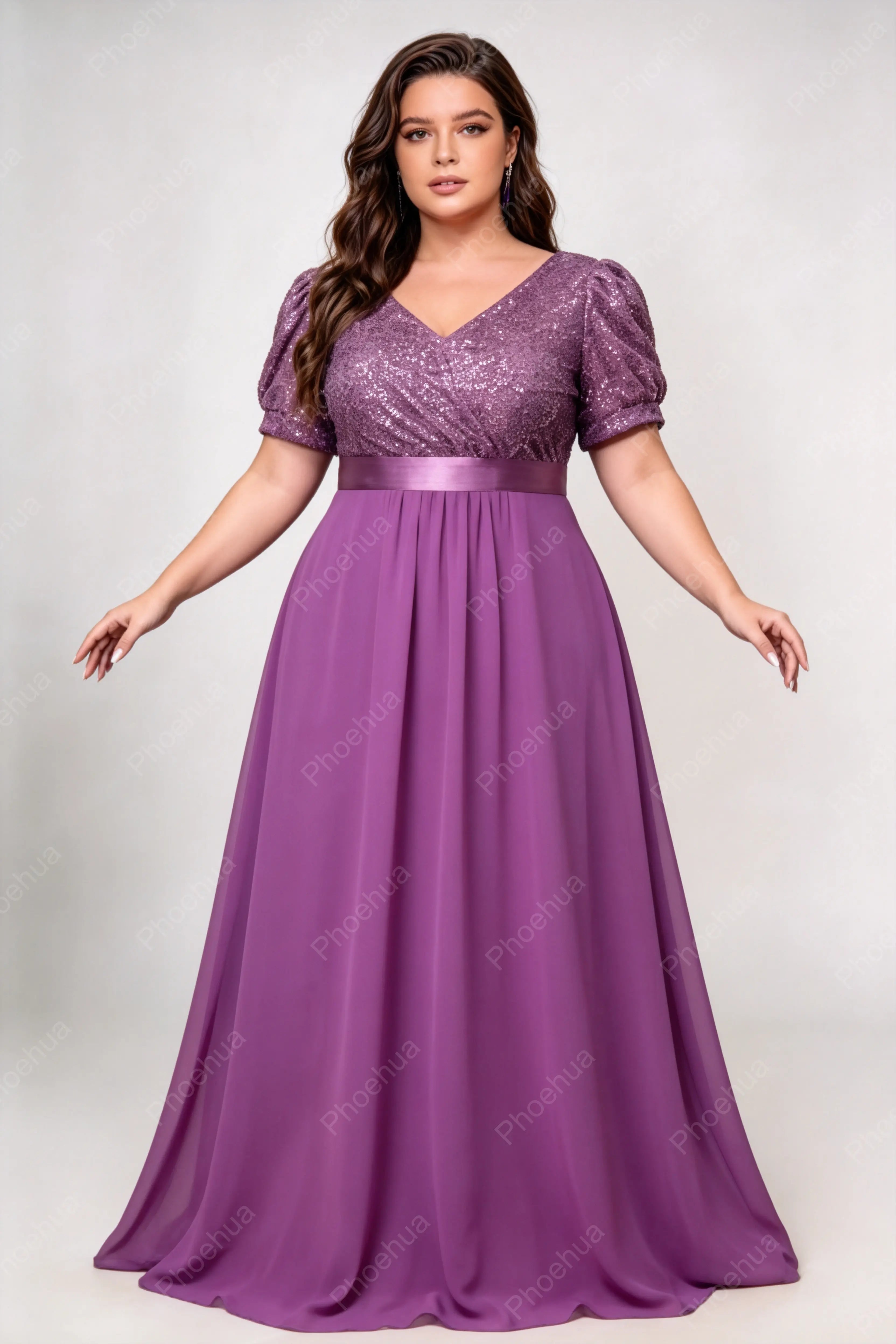 Plus Size Deep V Puff Short Sleeve Sequins Bodice Satin Waistband Chiffon A Line Maxi Bridesmaid Evening Gown