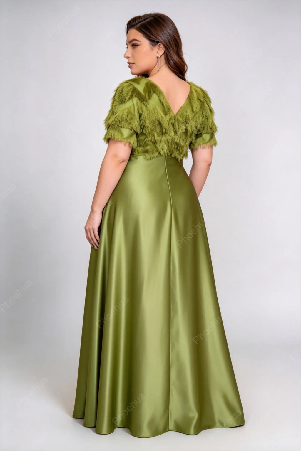 Plus Size Deep V Tassel Fringe Lantern Short Sleeve Satin A Line Maxi Formal Evening Gown