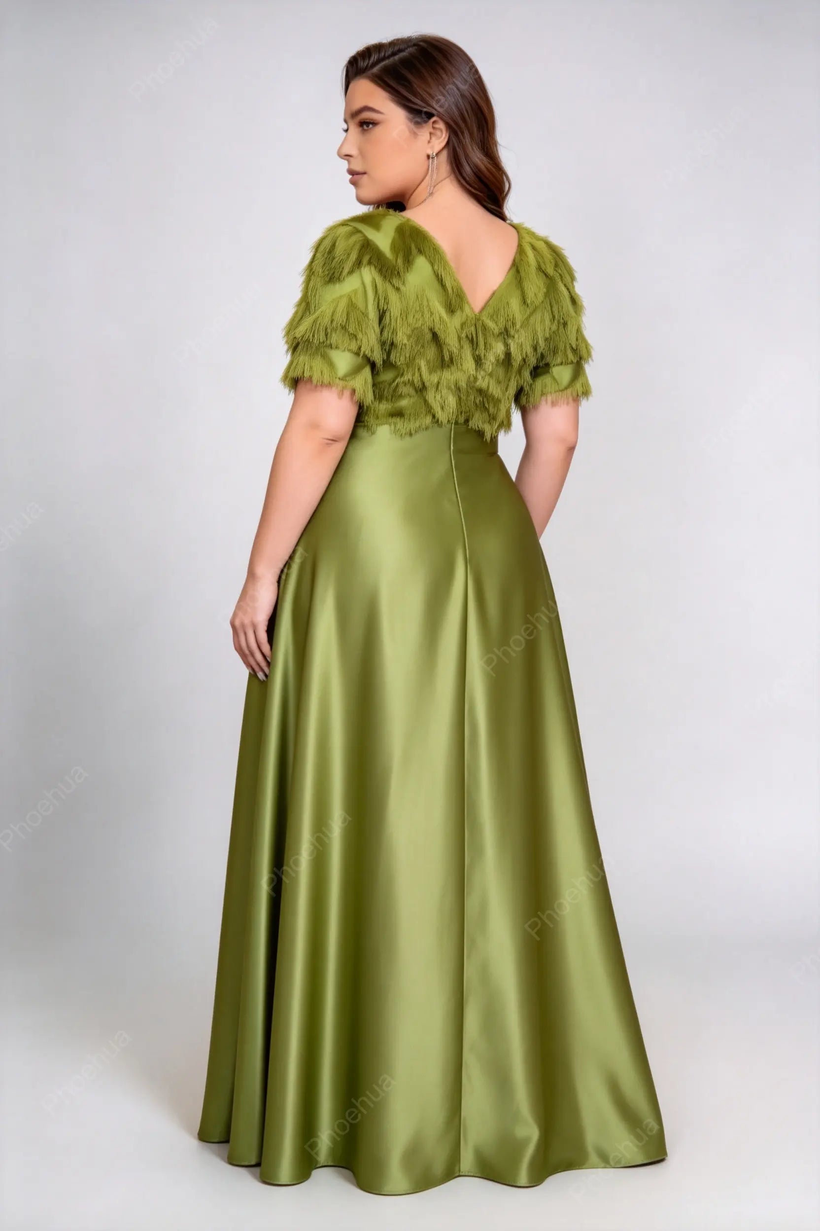 Plus Size Deep V Tassel Fringe Lantern Short Sleeve Satin A Line Maxi Formal Evening Gown