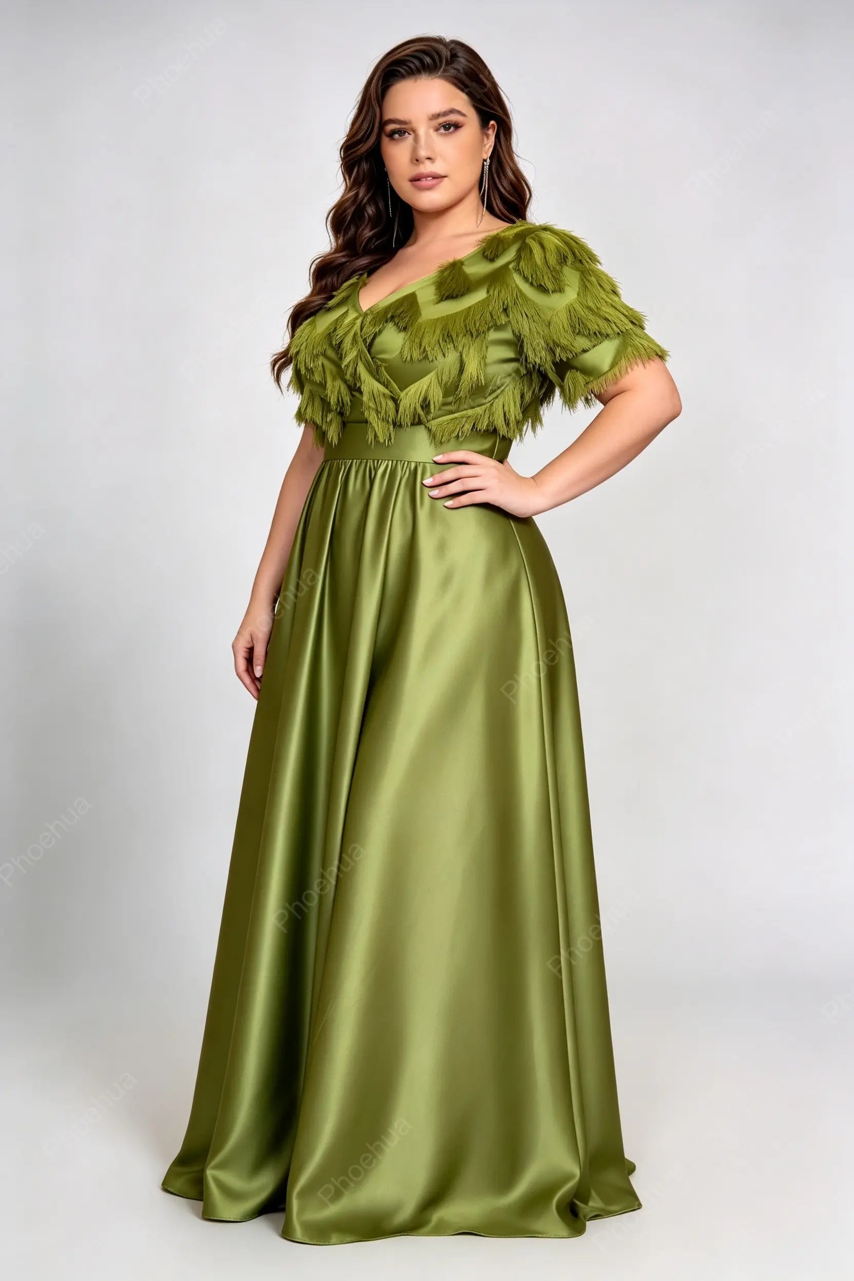 Plus Size Deep V Tassel Fringe Lantern Short Sleeve Satin A Line Maxi Formal Evening Gown
